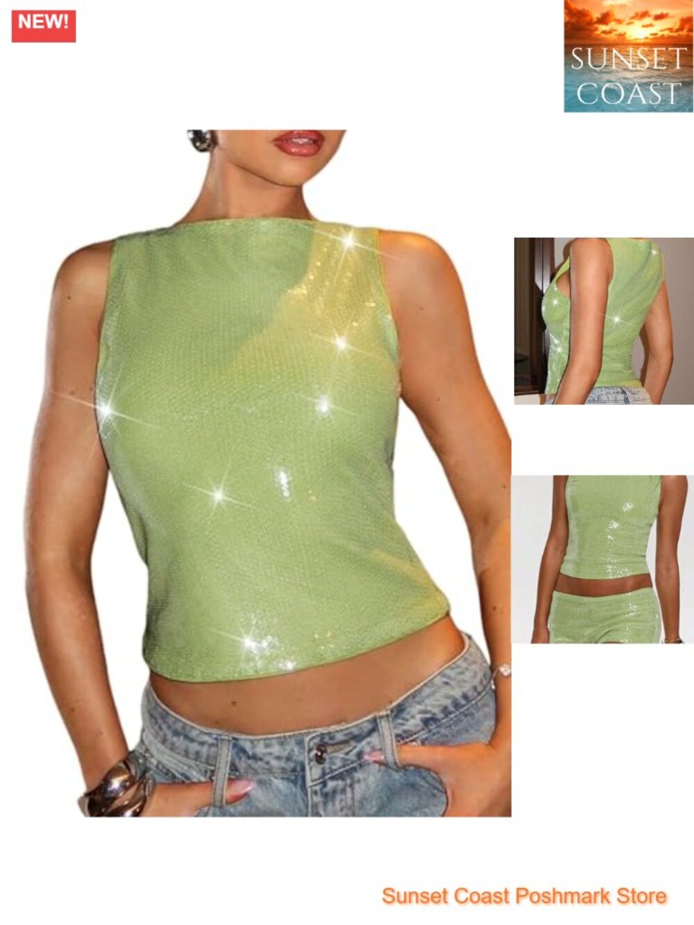 Women's Sequin Sleeveless Tank Top Glitter Party Crop Rave Top Going Out